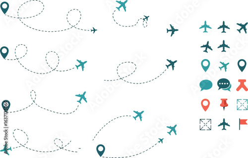 Vector art of airplane route collection isolated on white background for travel concept