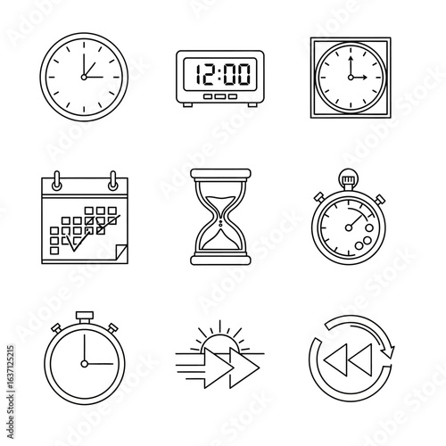 A comprehensive collection of minimalist line art icons illustrating various timekeeping devices, scheduling tools, and concepts of temporal progression.