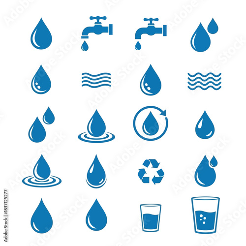 A versatile collection of blue water-themed vector icons, illustrating drops, faucets, waves, and recycling symbols for purity, conservation, and liquid.