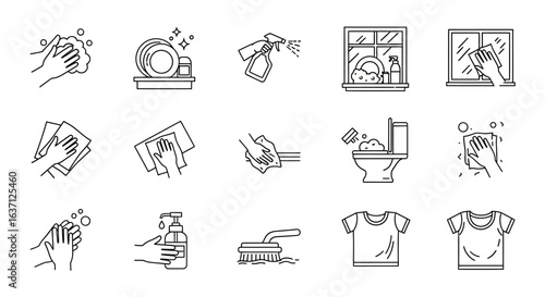 A versatile set of minimalist line icons depicting essential household cleaning activities and personal hygiene routines for a healthy lifestyle.