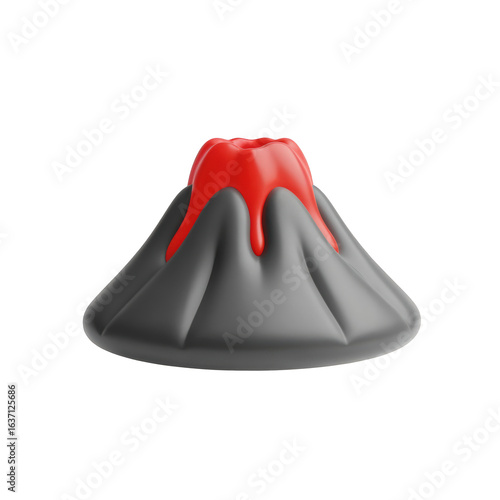 3D volcano icon with erupting red lava. Stylized cartoon illustration of a volcanic eruption isolated on a  transparent background.