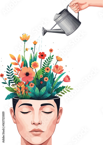 Vector art of watering can pours water on a head full of flowers isolated on white background