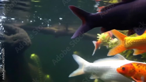 Ornamental Koi Carp Swimming Gracefully In An Indoor Aquarium