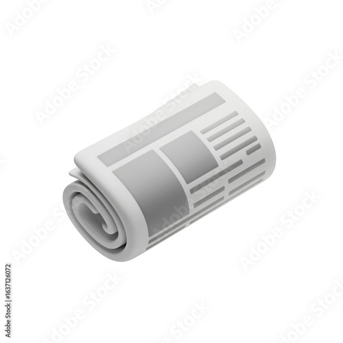 Rolled newspaper icon on a  transparent background. 3D render of a daily paper, representing news, media, and journalism concepts.