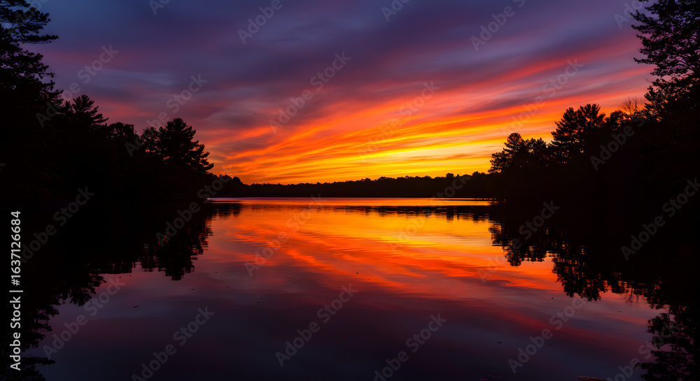 Obraz premium Vivid sunset reflected in calm lake water, framed by silhouetted trees, creating a serene and colorful landscape.