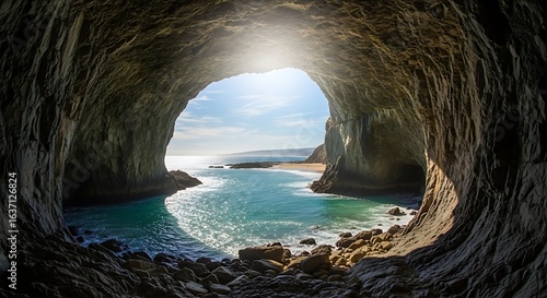 Majestic Ocean View from a Sea Cave Captivating Coastal Scene with Turquoise Water and Rocky Shoreline Breathtaking Coastal Scenery for Travel and Adventure Enthusiasts