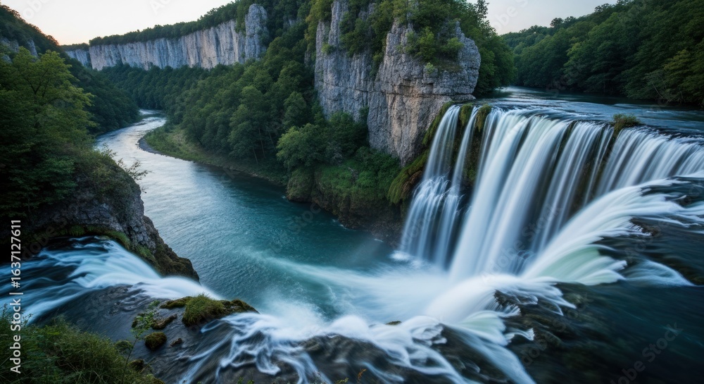 Fototapeta premium Waterfall flows over cliffs into river below, flanked by lush trees