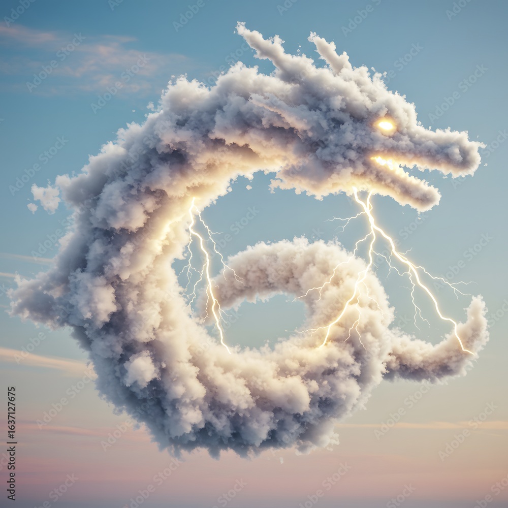 Fototapeta premium A swirling cloud dragon with lightning in the sky.