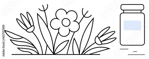 Flowers and leaves alongside a bottle representing herbal remedies, health, and natural care. Ideal for wellness, organic living, alternative medicine, nature, eco-products, health blogs simple
