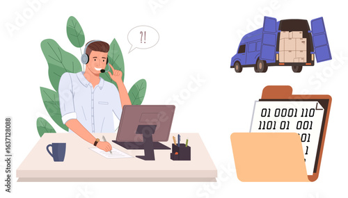 Office worker using a headset and computer, truck loaded with boxes, and data file folder. Ideal for e-commerce, logistics, technology, remote work, digital communication, troubleshooting
