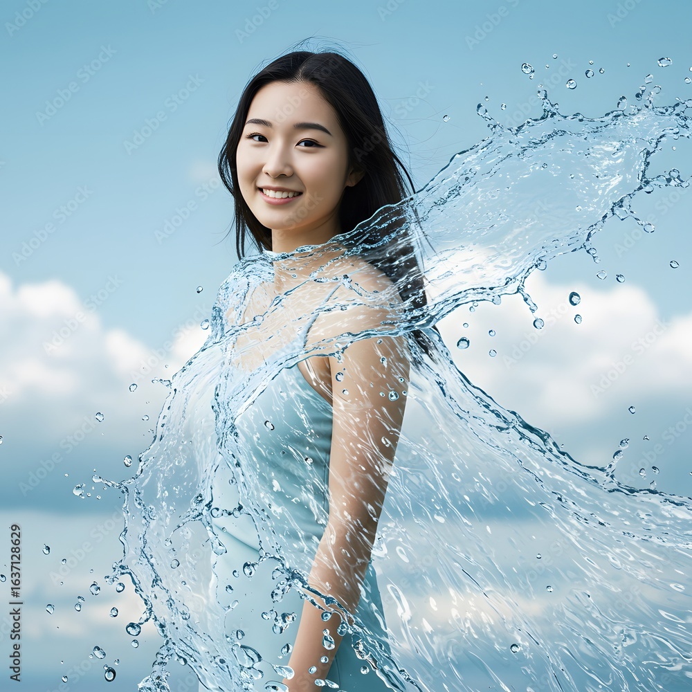 Obraz premium A woman in a light-blue dress, surrounded by water splashes.