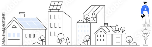 Residential and commercial buildings with solar panels, trees, eco-friendly structures, and a person beside a glowing bulb. Ideal for sustainability, renewable energy, urban planning, innovation