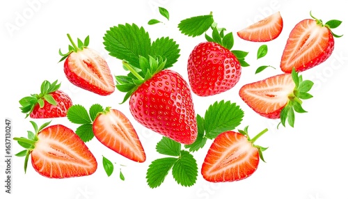 Fresh Strawberries and Green Leaves Floating Against a Clean White Background