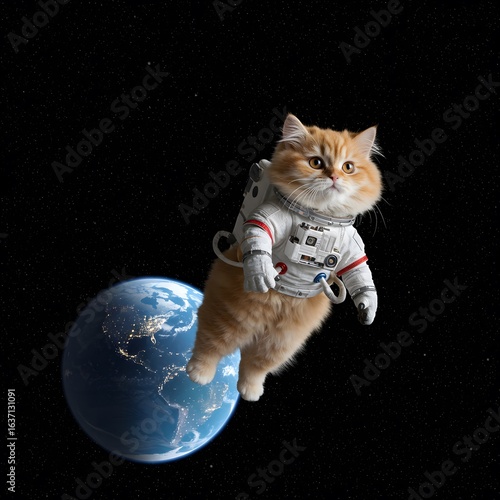 Orange cat in a spacesuit floating in space near earth.