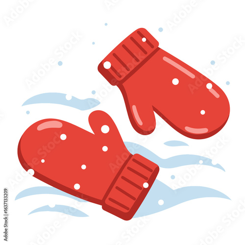 Red mittens in snow with snowflakes falling, flat vector illustration, vivid red and cool white, winter season, holiday spirit, for seasonal promotions, greeting cards, winter blogs