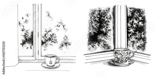 Frost on window glass with teacups on windowsill in a cozy setting, hand-drawn vector sketch, winter comfort, hygge concept, for seasonal blogs, home decor, greeting cards