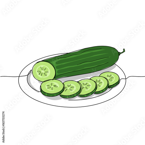 Sliced cucumber on plate with whole cucumber and fresh green color  
