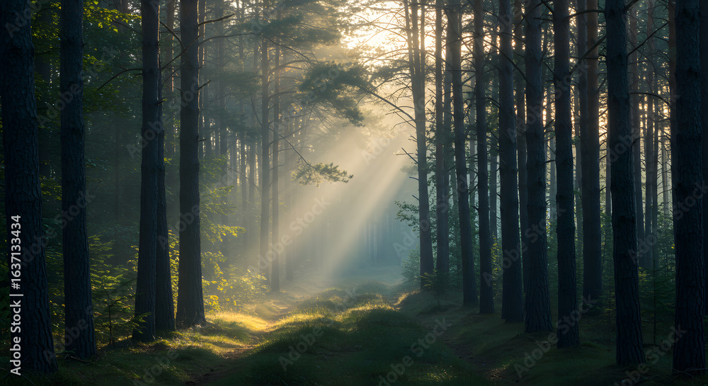 Obraz premium Sun rays stream through tall trees in a dense forest, illuminating the path below with a soft, ethereal light.