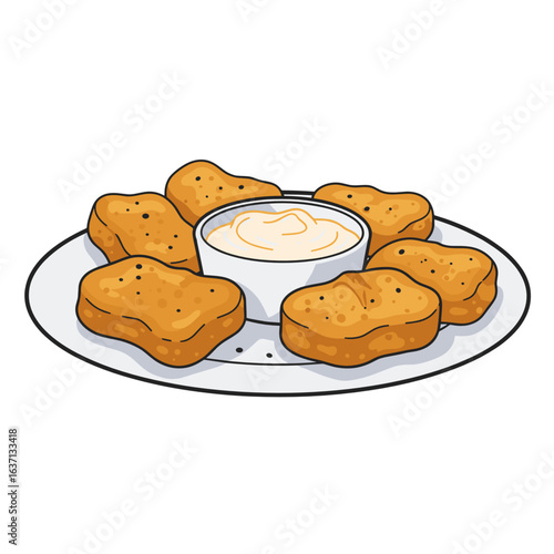 Chicken nuggets with dip arranged on a plate in a casual style, flat vector illustration, vibrant colors, quick snack concept, for food marketing, menu design, blogs