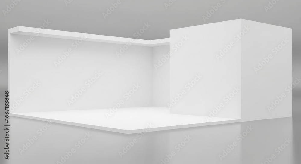 Fototapeta premium A minimalist, bright, white, empty exhibition booth, designed for display purposes, with clean lines.