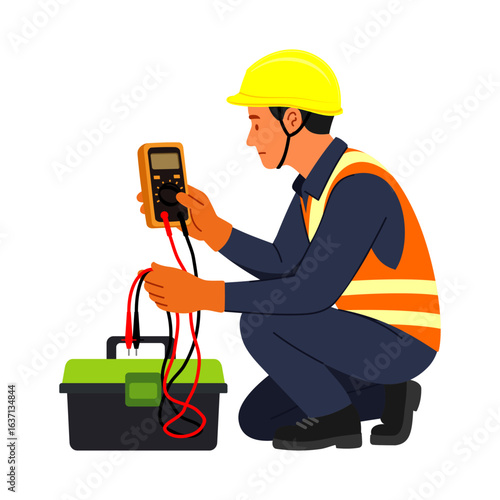 electrician technician with the multimeter tester, toolbox wearing yellow hard hat and orange vest and personal protective equipment kneeling