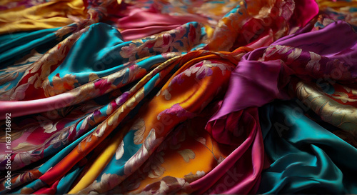 Close up of colorful satin fabric with floral pattern. Luxurious satin and silk textile arrangement. Vibrant patterned silk cloth in folds. Multicolored satin fabric with flower prints.