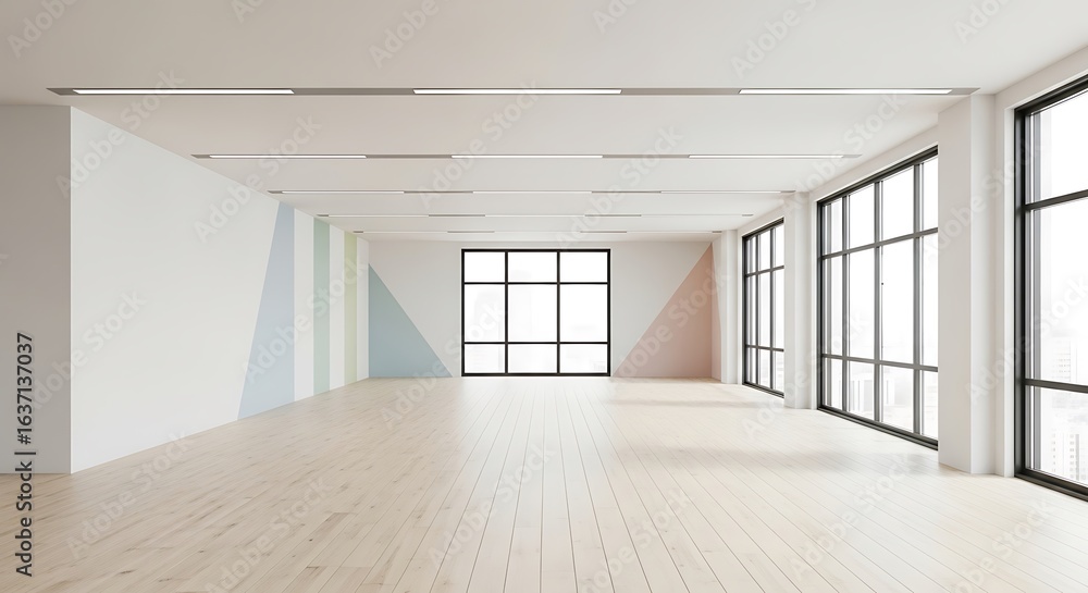 Obraz premium Bright spacious interior with geometric wall design and expansive windows showcasing natural light