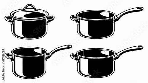 Clean black and white illustration of four cooking pots in a grid arrangement