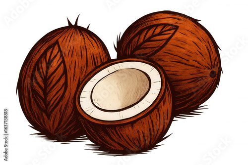 brown coconuts with leaf detail on white clip art preview