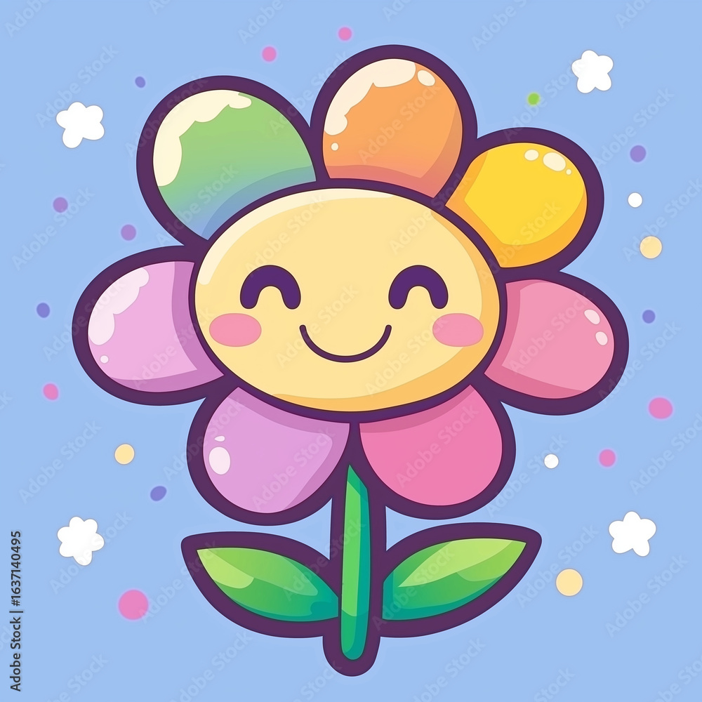 Fototapeta premium Illustration of a cartoon flower with colorful petals and a smiling face