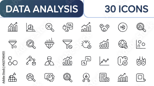 Collection of 30 data analysis and business intelligence icons in a grid layout