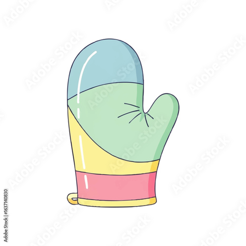 Cartoon illustration of a colorful oven mitt with blue, green, yellow, and pink sections.