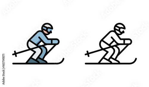 Colorful and Black and White Skier Icons in a Racing Position on Skis