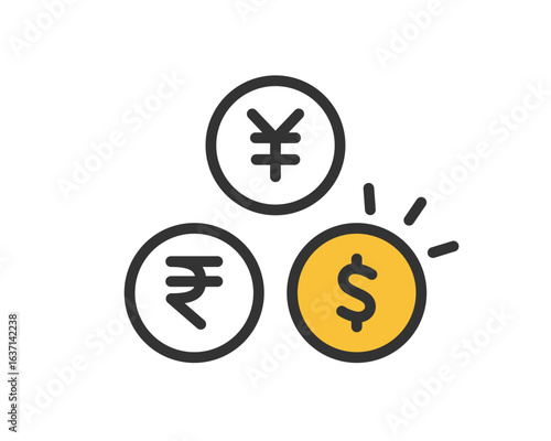 Currency Icons of Dollar, Yen, and Rupee Coins Vector Illustration