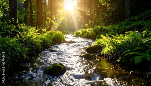Sunlit Forest Stream: Tranquil Scene of Flowing Water and Lush Greenery