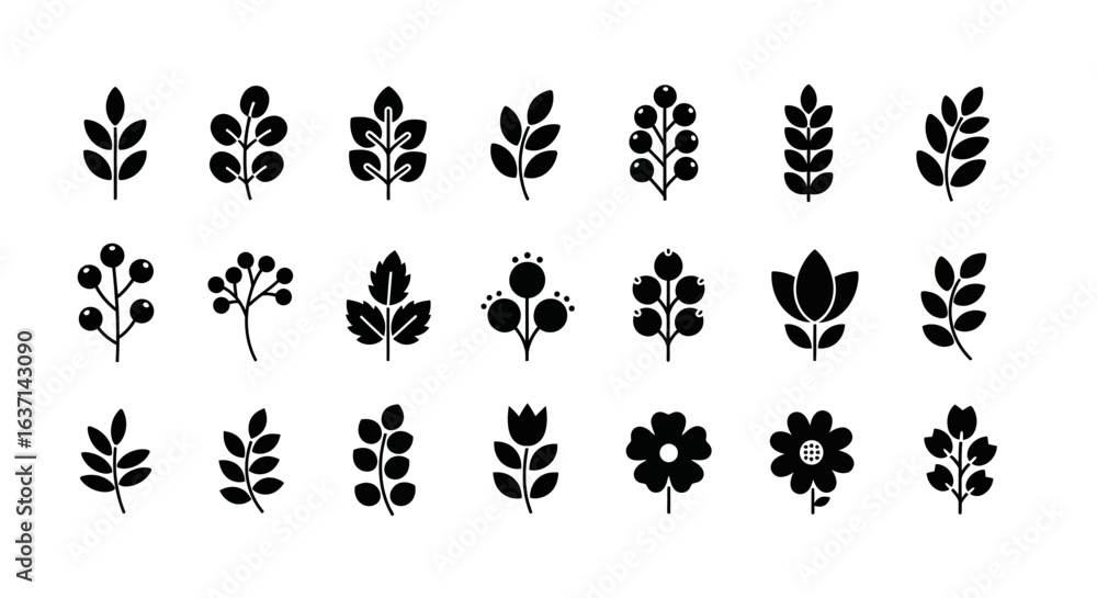 Naklejka premium Collection of Botanical Icons Featuring Various Leafy Sprigs and Floral Elements Rendered in Solid Black Silhouettes