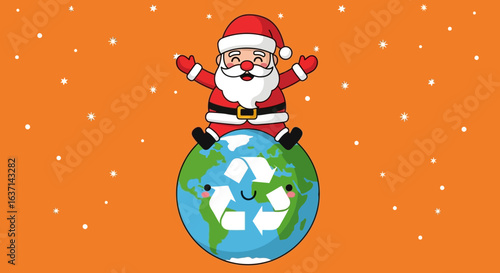 Santa Claus stands proudly on top of planet Earth adorned with the universal recycling symbol promoting eco-friendly celebrations and sustainable holidays around the globe during the winter season wit