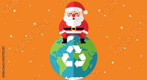 Santa Claus stands proudly on top of planet Earth adorned with the universal recycling symbol promoting eco-friendly celebrations and sustainable holidays around the globe during the winter season wit