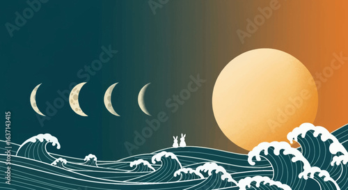 A Majestic Celestial Display Witnessing Lunar Phases Transitioning Through Cosmic Cycles Above Rolling Ocean Waves Under An Enchanting Sunset Sky with Silhouetted Rabbits Observing the Grand Spectacle