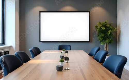 Modern office room interior with meeting table and mock up tv screen. High quality