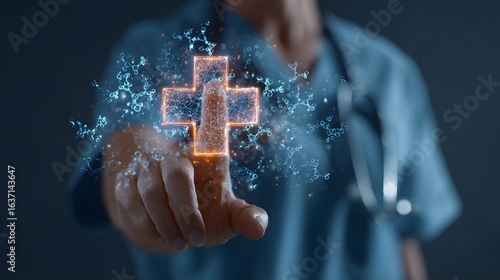 A hand interacts with a glowing, digital medical cross symbol.