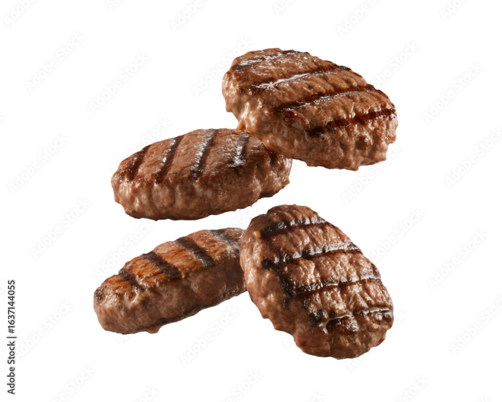 Grilled beef patties falling isolated on white background for burger ingredient and food concepts
Grilled beef patties falling isolated on white background for burger ingredient and food concepts