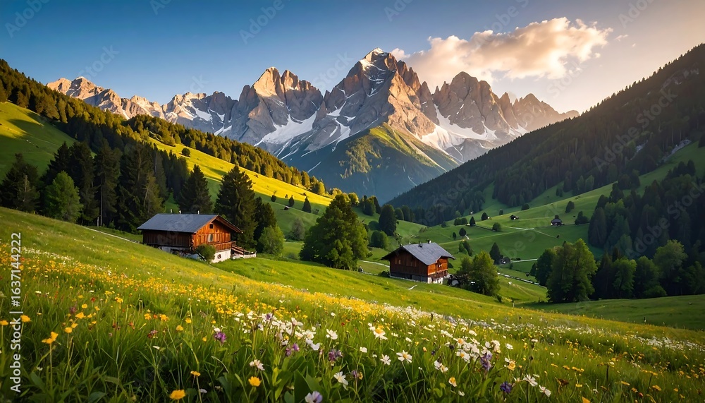 Fototapeta premium Alpine meadow at sunset
