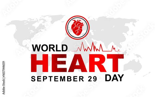 World heart day with red heart and world map silhouette. World Heart Day concept illustration design background, poster or banner, Important day on 29 September.