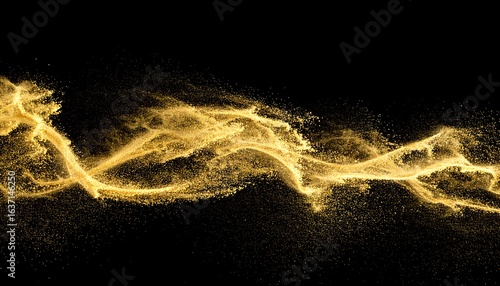 Golden Dust Trail Across Black Background, Abstract Particle Explosion Design.