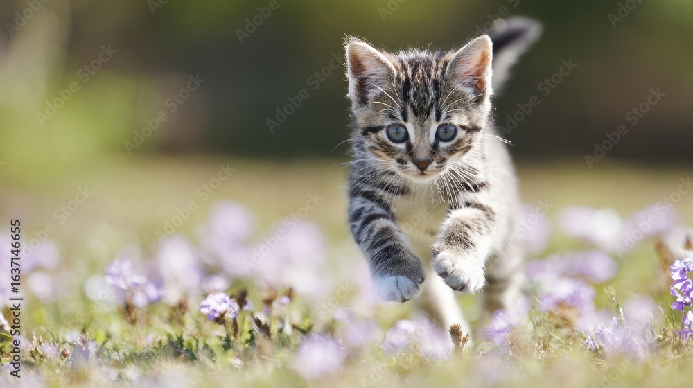 Fototapeta premium A tiny kitten runs through a field of flowers. Blush-toned, soft focus