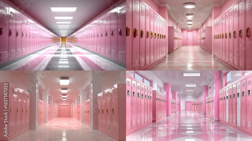 Four views of a vibrant pink school hallway with lockers