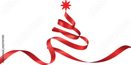 Ribbon Christmas Tree Vector Illustration with Star Topper and Red Swirls