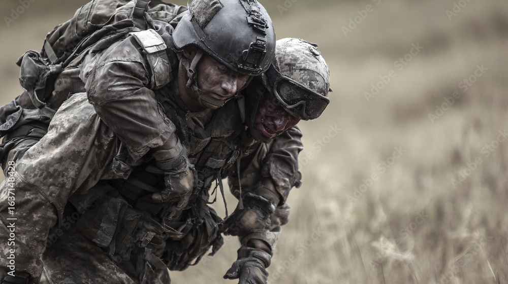 Obraz premium Heroic Soldier Rescuing Injured Comrade on Battlefield During Intense Mission