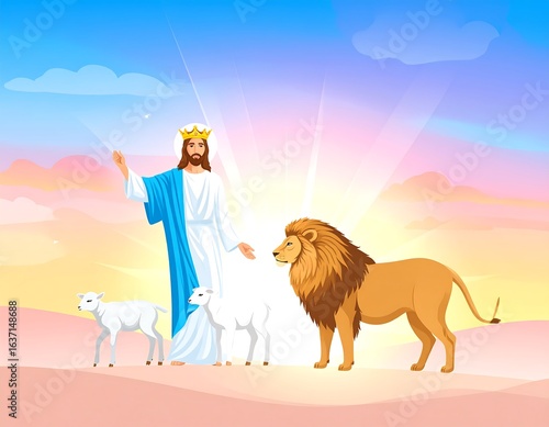 Jesus, Lion, and Lambs in a serene landscape
